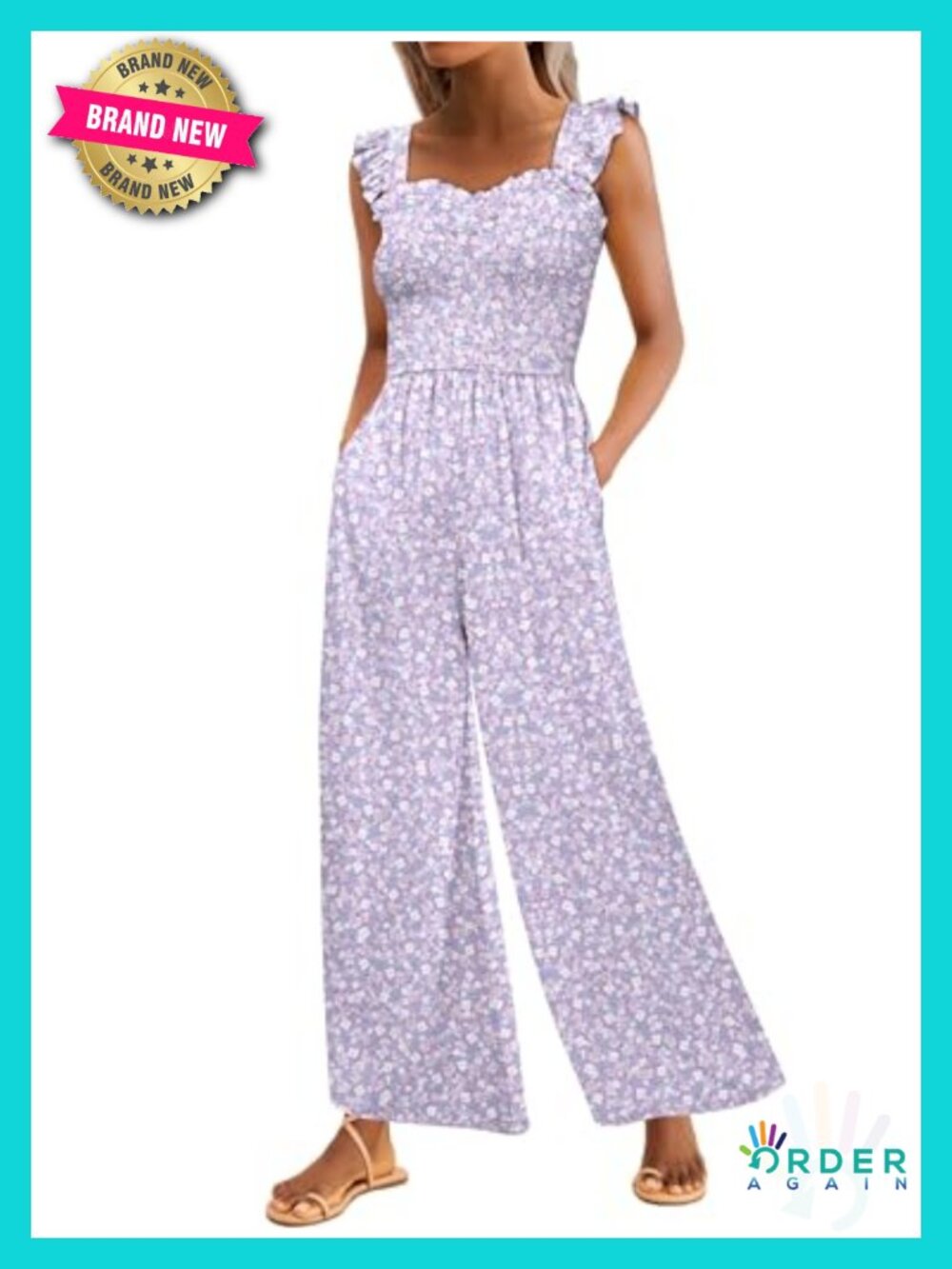 Smocked Wide Leg Jumpsuit with Pockets Sleeveless Casual Dressy
